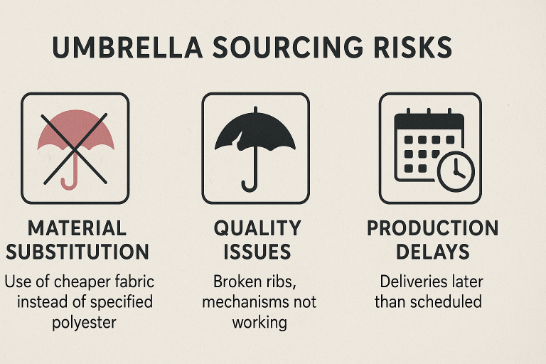 A concise infographic summarizing common, high-impact risks frequently encountered in umbrella sourcing, including illustrative examples of material substitution, specific quality discrepancies like broken ribs or non-functional mechanisms, and typical production delays, each accompanied by brief, clarifying explanations.