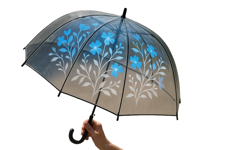 A professional rendering of a customizable umbrella featuring a transparent canopy with UV-reactive printing that reveals a pattern when exposed to light, illustrating innovative design potential for brand differentiation.