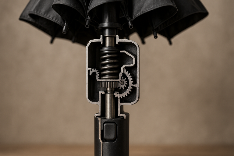 Cross-section diagram showing the internal mechanics of an automatic umbrella, highlighting the complex gear and spring system critical for smooth push-button operation and requiring precise hand-assembly.