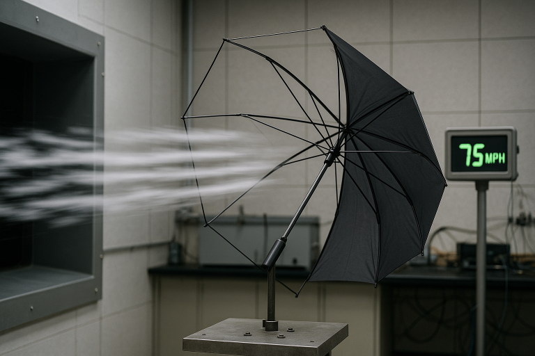 Laboratory setup demonstrating a wind tunnel test for umbrellas, with an umbrella frame positioned against high-speed airflow to quantitatively assess its wind resistance capabilities (e.g., up to 75 MPH).