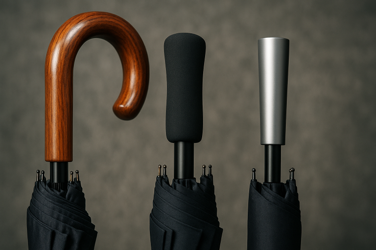 Close-up of different types of umbrella handles: a polished wooden handle, an ergonomic EVA foam grip, and a sleek aluminum handle, illustrating material and design choices for user comfort and brand aesthetic.