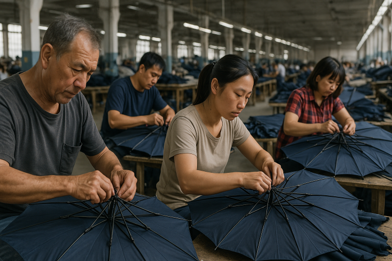 Factory floor image showing skilled workers engaged in the hand-assembly of umbrella canopies onto frames, emphasizing the labor-intensive nature of production and its impact on quality control and labor costs.