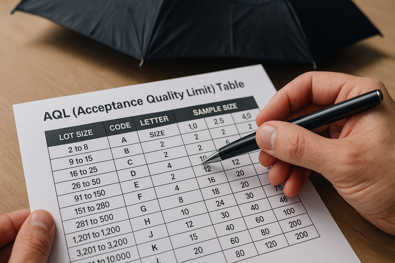 A visual representation of an AQL (Acceptance Quality Limit) table being used by a QC inspector to determine the sample size for an umbrella shipment inspection, ensuring adherence to quality standards.