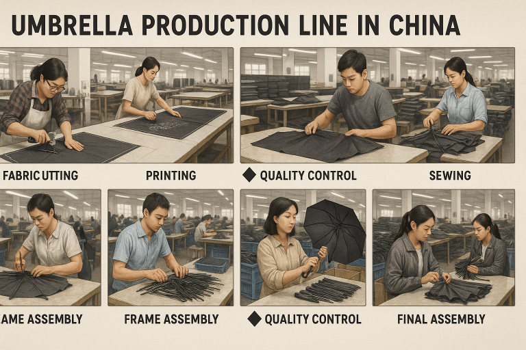 An infographic detailing the various stages of a typical umbrella production line in China, from fabric cutting and printing to sewing and final assembly, highlighting key checkpoints for quality assurance.