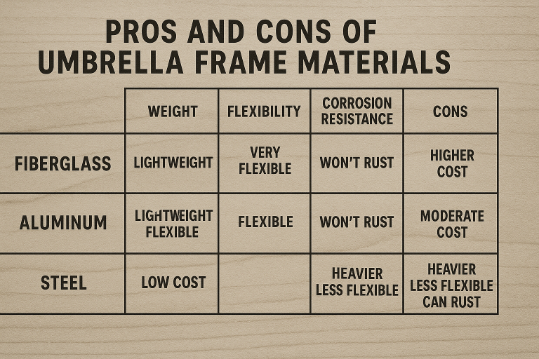 A comparative chart outlining the pros and cons of different umbrella frame materials like fiberglass, aluminum, and steel, in terms of weight, flexibility, corrosion resistance, and cost, aiding procurement decisions.