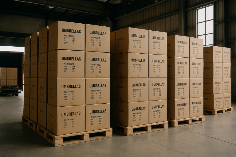 Photo of a warehouse showing stacks of palletized cartons of umbrellas ready for sea freight, illustrating efficient container loading and preparation for international logistics.