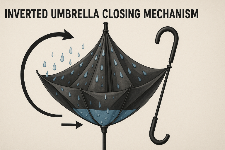 Diagram illustrating the concept of an inverted umbrella's closing mechanism, showing how it traps water inside the canopy to prevent dripping, highlighting a unique functional design.