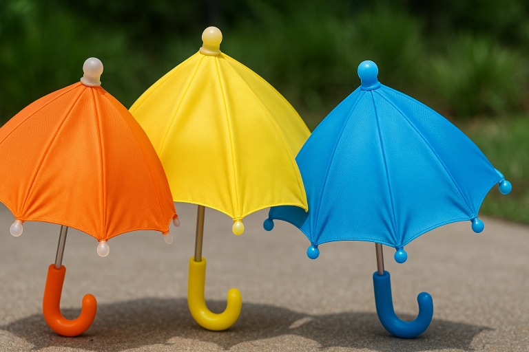 A visual showing children's umbrellas with emphasized safety features, such as rounded tips with silicone caps, non-metal ribs, and bright, high-visibility colors, indicating compliance with safety standards.