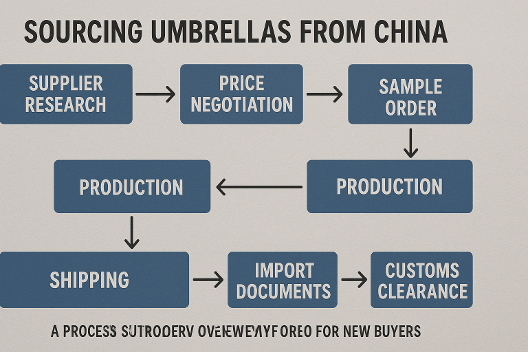 A flowchart depicting the end-to-end process of sourcing umbrellas from China, from initial supplier research to final customs clearance, providing a structured overview for new buyers.