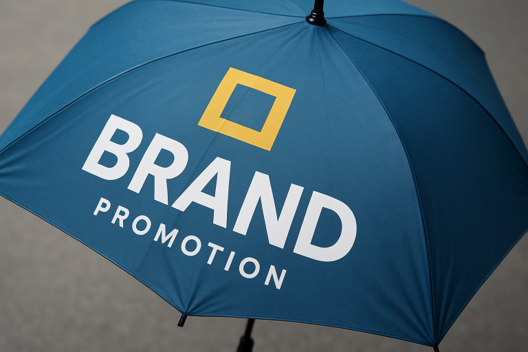 A close-up view of an umbrella canopy demonstrating edge-to-edge printing, showcasing the high level of customization available for branding and promotional purposes.