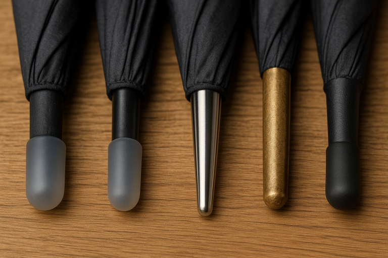 A visual illustrating various types of umbrella tips and their material differences, including those with protective silicone caps for enhanced safety and durability.