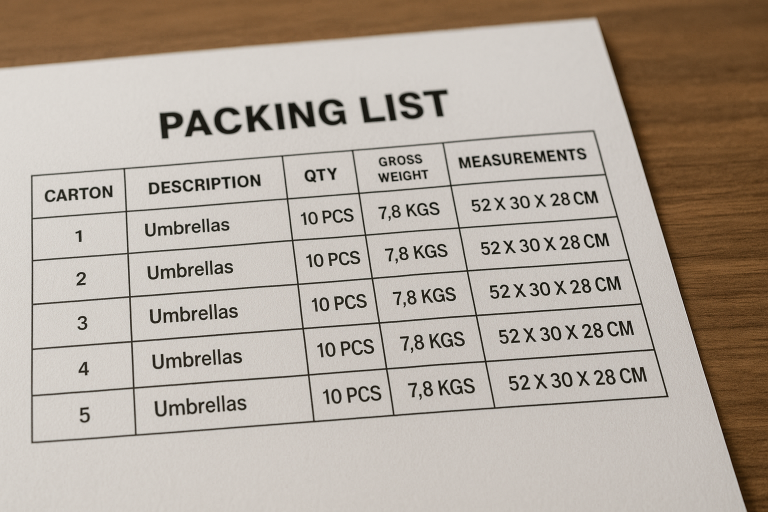 Example of a packing list for an umbrella shipment, detailing carton contents, weights, and dimensions, essential for accurate inventory and customs declarations.