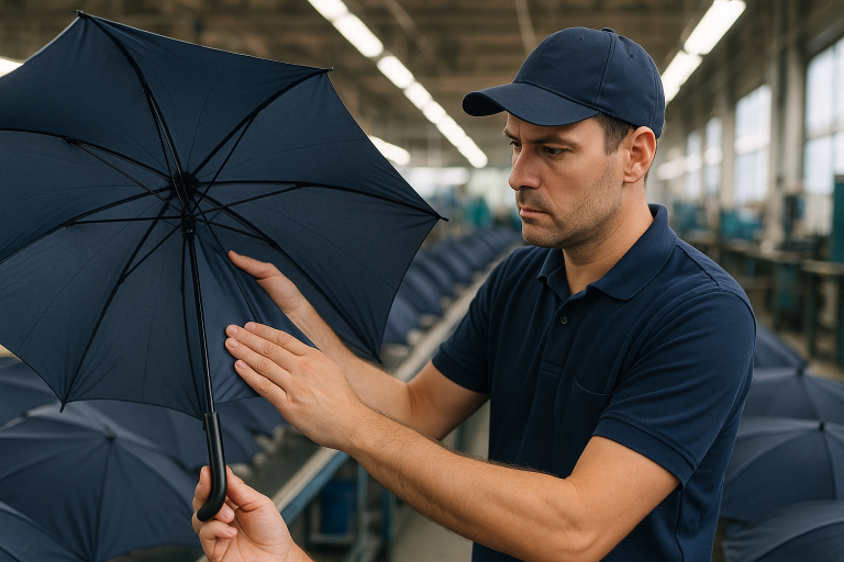Photo of a quality control inspector performing a visual check on umbrella seams and canopy tension on the production line, illustrating a critical in-production QC step.