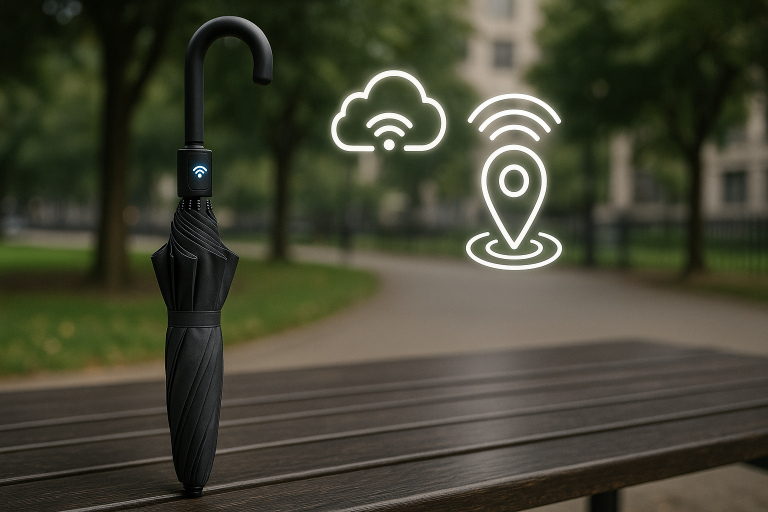 A digital rendering of a smart umbrella concept with integrated IoT tracking, demonstrating the potential for technological innovation in the industry.