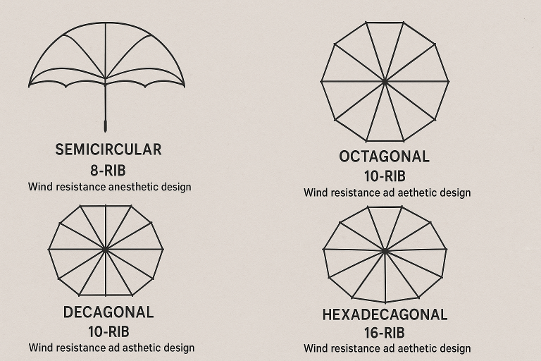 Diagram showing different umbrella canopy shapes and rib configurations (e.g., 8-rib, 10-rib, 16-rib), influencing wind resistance and aesthetic design.