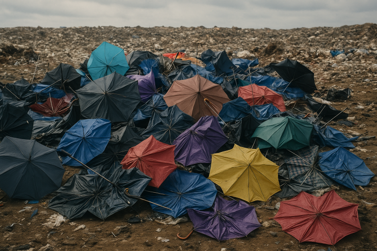 Image showing a pile of discarded umbrellas in a landfill, visually representing the significant environmental impact of the 
