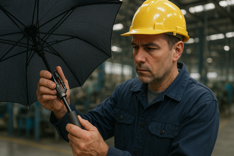 A factory worker inspecting the automatic opening mechanism of an umbrella, highlighting the importance of smooth operation and component integrity in complex designs.