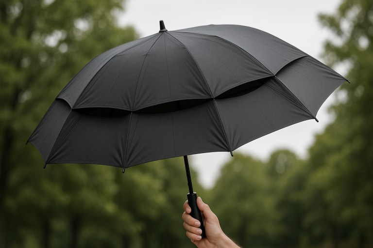A professional photo of an umbrella designed with a vented canopy, illustrating a key feature for enhanced wind resistance by allowing airflow to reduce inversion.