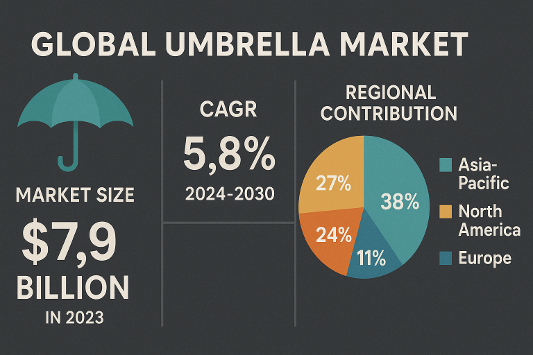 Infographic presenting key market statistics for the global umbrella industry, including market size, growth rates (CAGR), and regional contributions, providing a strategic overview.