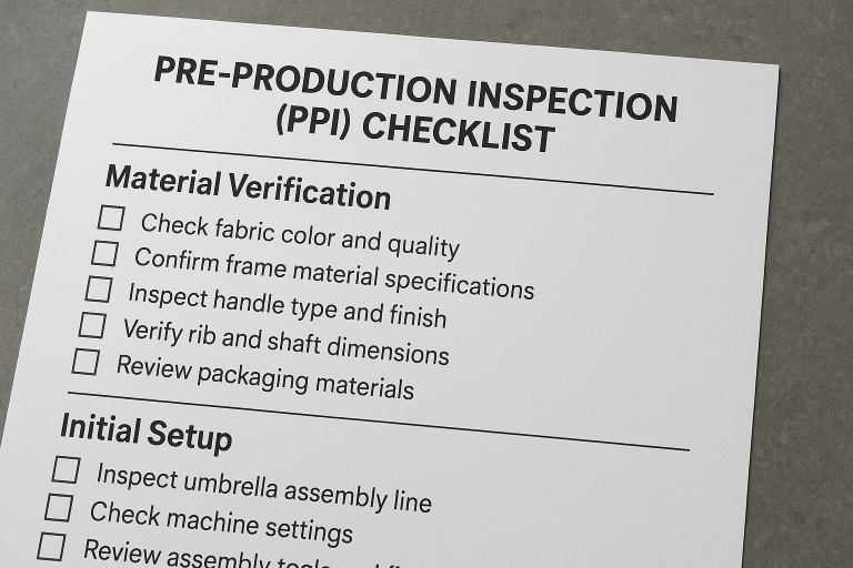 A visual representation of a comprehensive pre-production inspection (PPI) checklist, detailing material verification points and initial setup checks critical for umbrella manufacturing quality.