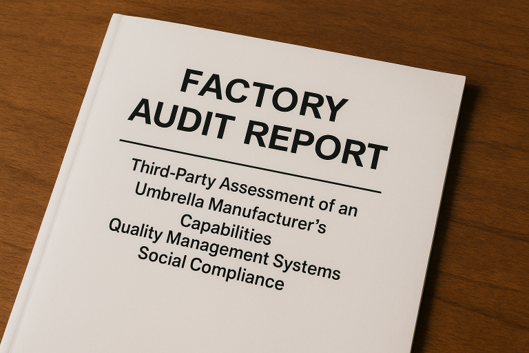 A sample of a factory audit report cover page, indicating a third-party assessment of an umbrella manufacturer's capabilities, quality management systems, and social compliance.