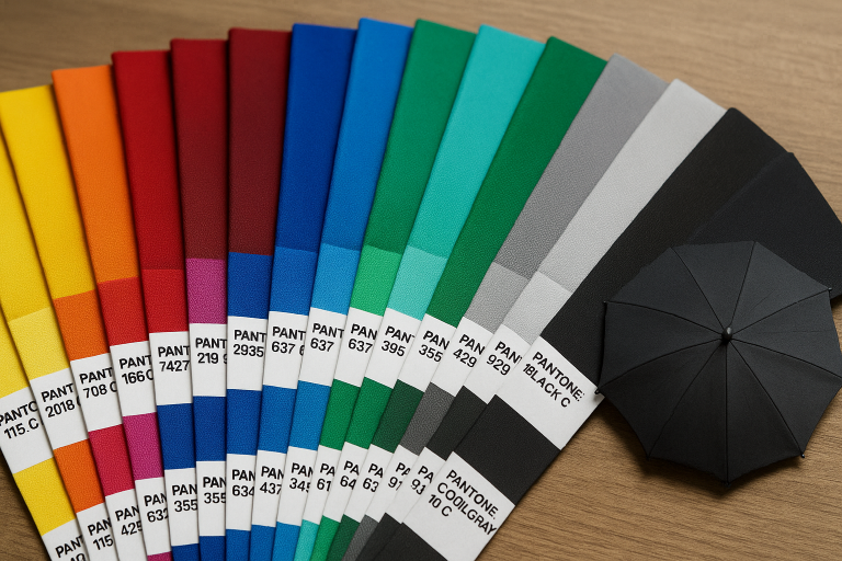 Image showing various color swatches for umbrella fabrics with Pantone codes, illustrating the precision required for color matching in custom orders.