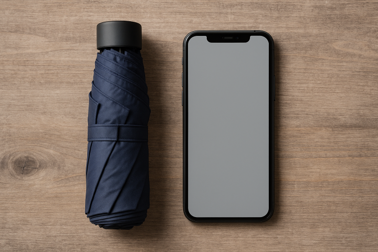 A visual of a compact, mini-pocket umbrella next to a standard smartphone, demonstrating its extreme portability and appeal for travel and daily carry.