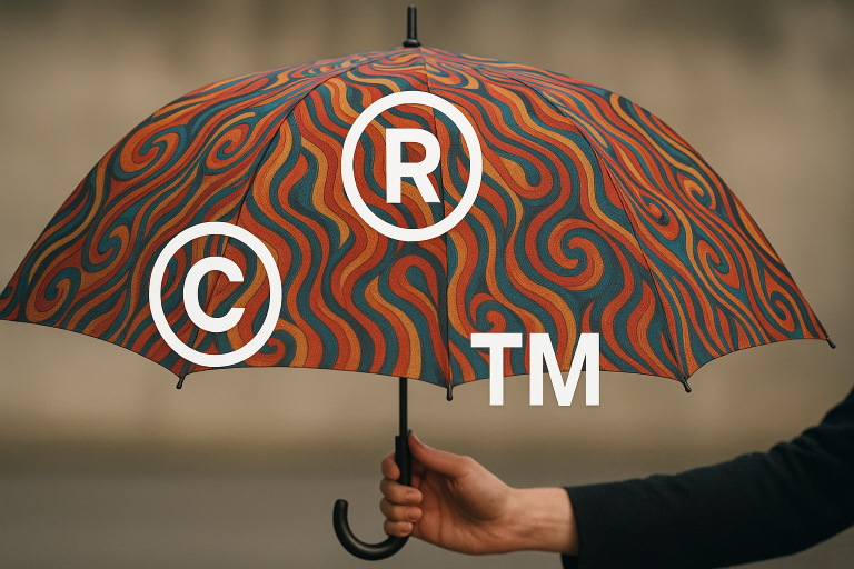 A representation of intellectual property (IP) protection symbols over a unique umbrella design, highlighting the importance of safeguarding proprietary patterns and innovations in sourcing contracts.