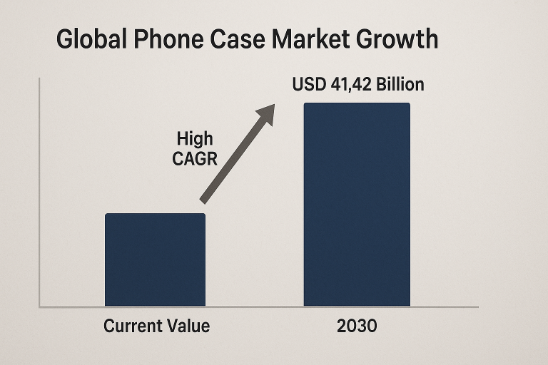 Bar chart illustrating the projected growth of the global phone case market from current value to USD 41.42 billion by 2030, visually emphasizing the high CAGR, highlighting the investment potential for importers.