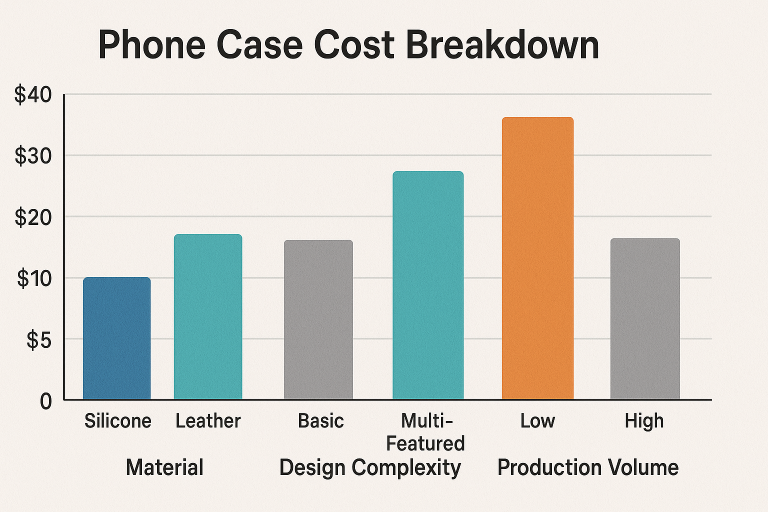 Infographic illustrating the cost breakdown for different types of phone cases, comparing the impact of material selection (e.g., silicone vs. leather), design complexity (e.g., basic vs. multi-featured), and production volume on the final unit price, aiding strategic cost estimation.