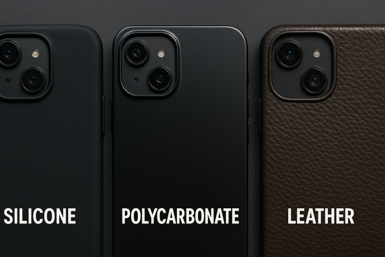 A side-by-side comparison image showcasing different phone case materials such as flexible silicone, rigid polycarbonate, and textured leather, highlighting their distinct visual characteristics, surface textures, and degrees of rigidity, crucial for material specification.