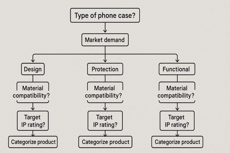 Visual flowchart illustrating the decision-making process for selecting phone case types and features, guiding buyers through considerations like market demand (design vs. protection vs. functional), material compatibility, and target IP rating, aiding precise product categorization.