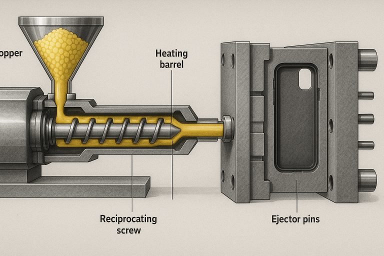 Detailed diagram illustrating the injection molding process for phone cases, showing the material hopper, screw mechanism, heating barrel, intricate mold cavity, and ejector pins, highlighting its precision and high-volume output capability.