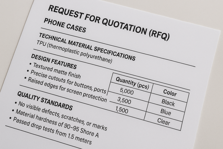 Sample template of a meticulously detailed Request for Quotation (RFQ) for phone cases, explicitly highlighting sections for technical material specifications, precise design features, layered quantity breakdowns, and critical quality standards, serving as a comprehensive inquiry guide.