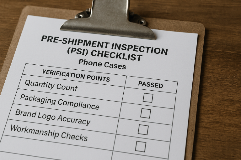 Detailed checklist example for a pre-shipment inspection (PSI) of phone cases, specifying critical verification points like quantity count, packaging compliance, brand logo accuracy, and meticulous workmanship checks against approved standards, essential for quality assurance.