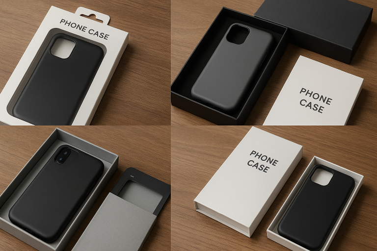 Montage of various phone case packaging designs, featuring examples of window boxes for product visibility, magnetic closure boxes for a premium feel, and sleek slide boxes, demonstrating how packaging contributes to the unboxing experience and brand aesthetic.