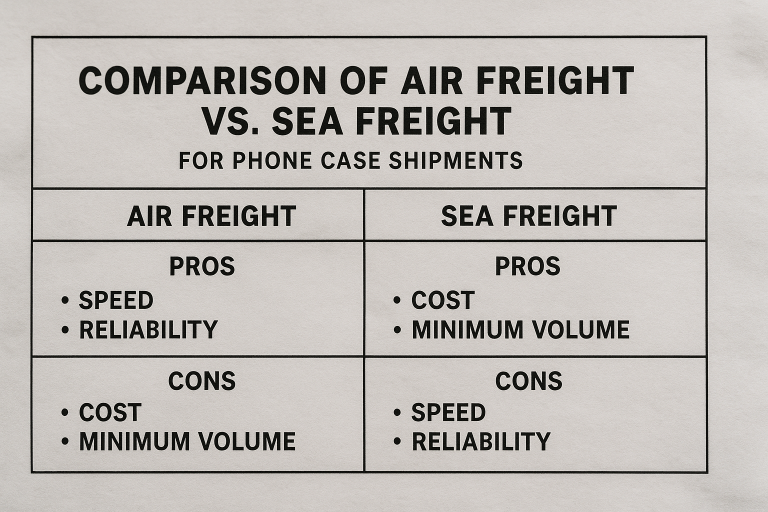 Comparison table of air freight versus sea freight for phone case shipments, clearly highlighting the pros (speed, reliability) and cons (cost, minimum volume) for each method, guiding buyers in selecting the optimal shipping strategy for their specific business needs.