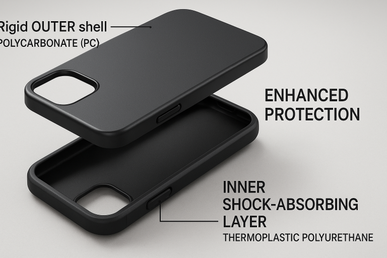 Technical diagram illustrating the multi-layer construction of a hybrid phone case, showing the rigid outer polycarbonate (PC) shell and the inner shock-absorbing thermoplastic polyurethane (TPU) layer, explaining how these materials combine for enhanced protection.