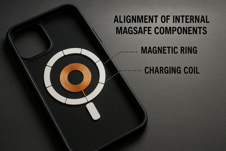 Diagram illustrating the precise alignment of internal MagSafe components within a phone case, showing the magnetic ring and charging coil, emphasizing the critical importance of accurate placement for functional compatibility and charging efficiency.