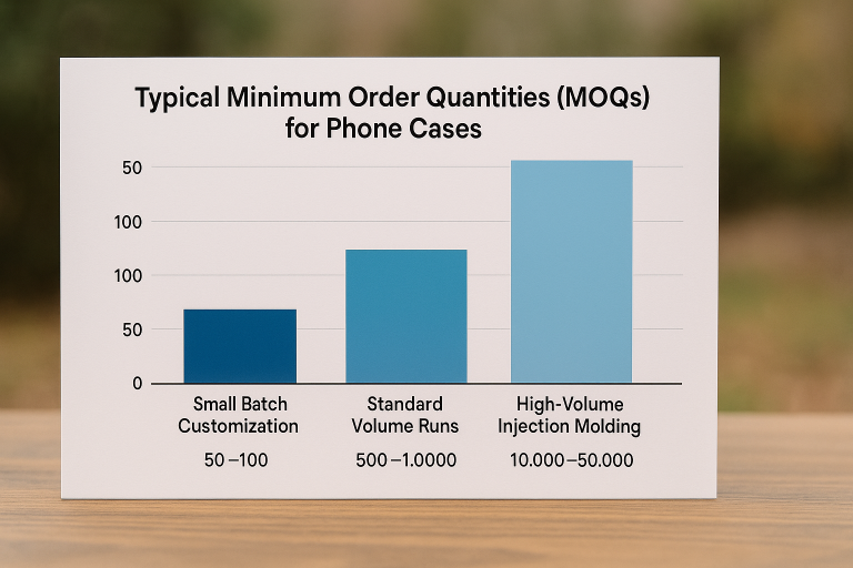 A bar chart illustrating typical Minimum Order Quantity (MOQ) ranges for different phone case production methods, comparing small batch customization, standard volume runs, and high-volume injection molding, helping buyers understand scale requirements.