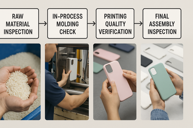 Flowchart illustrating key quality control checkpoints throughout the phone case manufacturing process, from raw material inspection and in-process molding checks to printing quality verification and final assembly inspection, ensuring consistency.