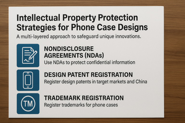 Infographic outlining key intellectual property protection strategies for phone case designs, including NDAs, design patent registration in target markets and China, and trademark registration, emphasizing a multi-layered approach to safeguard unique innovations.
