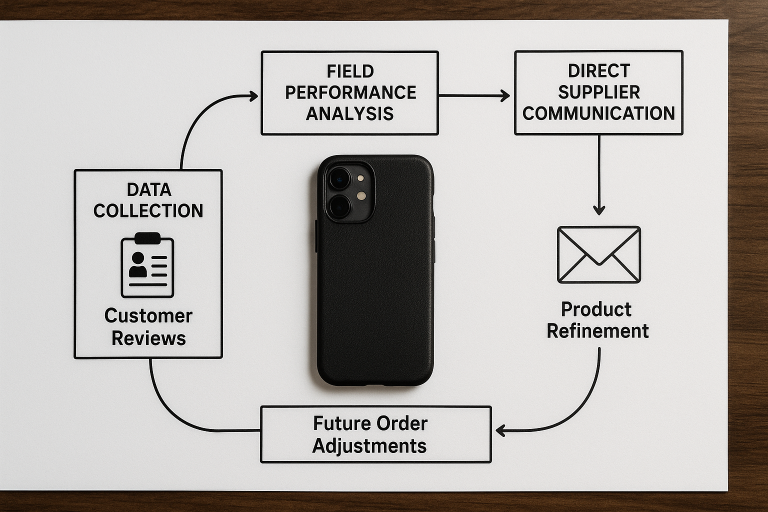 Diagram illustrating a structured feedback loop for phone case product improvement, showing data collection from customer reviews, field performance analysis, and direct supplier communication leading to product refinement and future order adjustments.
