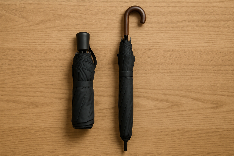 A visual comparison showcasing a compact folding umbrella next to a traditional stick umbrella, highlighting their difference in collapsed size to illustrate portability versus sturdiness trade-offs crucial for product specification.