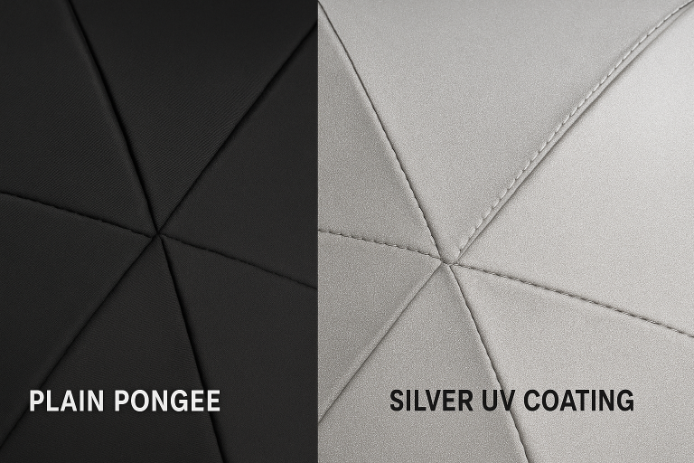 A split image showing two umbrella canopy swatches, one plain pongee and one with a silver UV coating, clearly illustrating the difference in material and finish for various performance needs, particularly UV blockage.