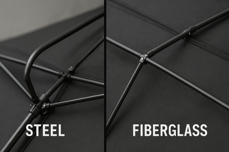 A close-up schematic demonstrating the structural differences between steel and fiberglass umbrella ribs, highlighting the superior flexibility of fiberglass versus the rigidity and potential for permanent deformation of steel under stress.