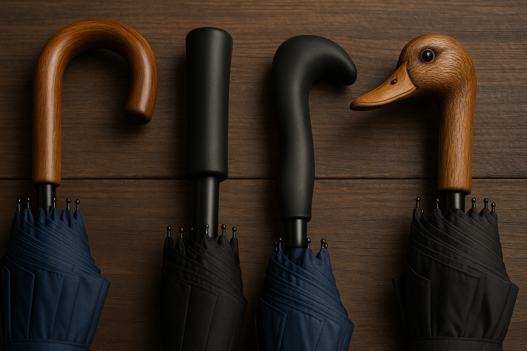 A collage showcasing diverse umbrella handle designs (crook, straight, ergonomic, animal-shaped) made from different materials (wood, rubber, plastic), illustrating the vast customization potential for branding and user comfort.