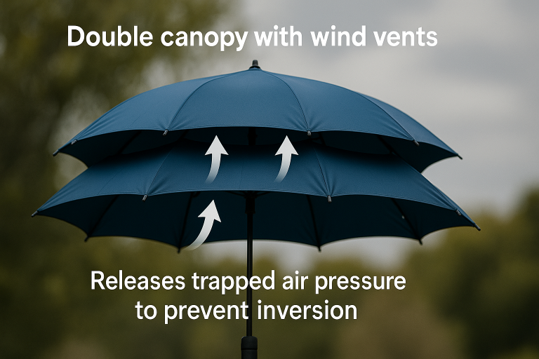 A visual diagram illustrating an umbrella with a double canopy and wind vents, explaining how these integrated features release trapped air pressure to prevent the canopy from inverting in strong winds, a key design for enhanced resilience.