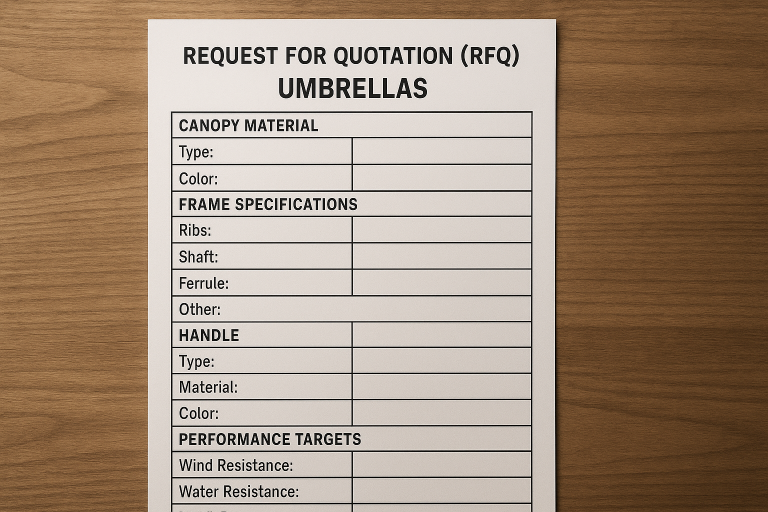 A meticulously structured template for a Request for Quotation (RFQ) specifically tailored for umbrellas, featuring dedicated, granular sections for canopy material, frame specifications, handle details, and performance targets, emphasizing the importance of precision in procurement.