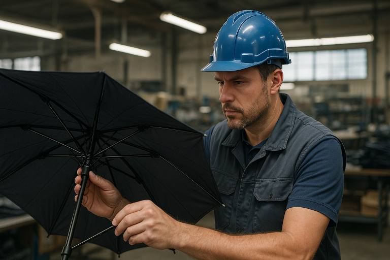 A visual showing a factory worker conducting an in-process inspection of an umbrella during the assembly stage, meticulously checking the mechanism for smooth operation, rib attachment, and overall structural integrity.